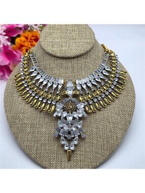 Gold Clear Crystal Statement Bib Necklace 16” Collar Vintage Egyptian Style